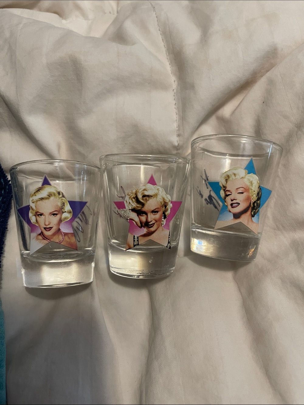 Marilyn Monroe Shot Glass Trio - Purple, Pink, Blue Stars